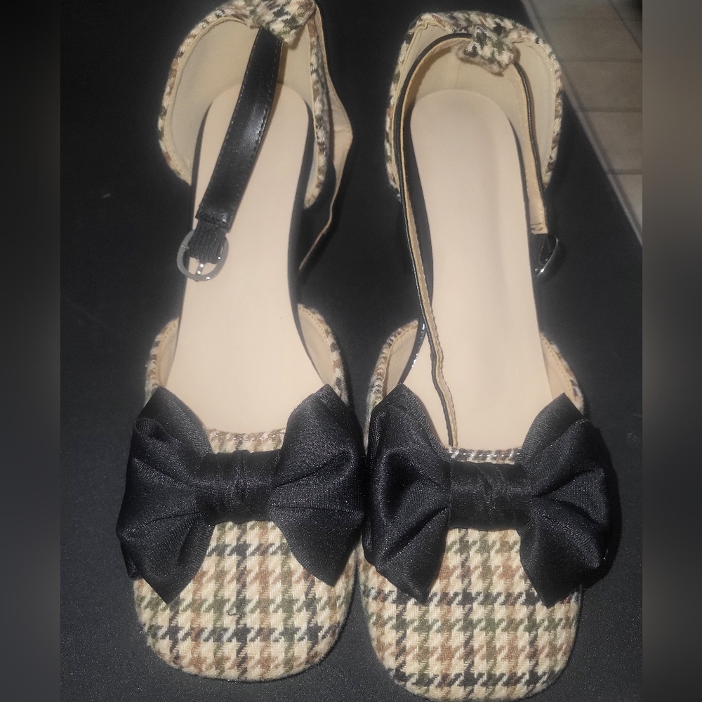 Plaid Ankle Strap Women's Shoes with Black Bow